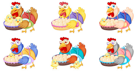 Wall Mural - set of cute chicken cartoon character holding a basket of eggs and chick
