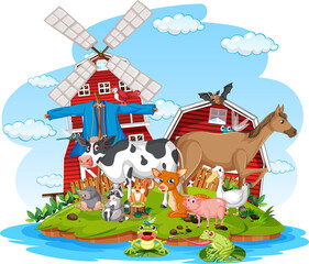 Sticker - Farm scene with many animals by the barn