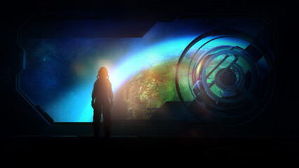 Wall Mural - astronaut in a spaceship orbiting the earth, 3d render.