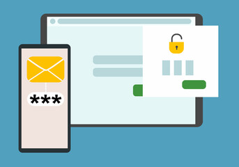 Two-factor authentication security. Notification of login confirmation with a message in an envelope with a password code. Lock icons in the tablet account. Vector illustration in a flat style