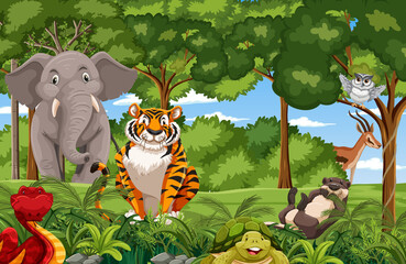 Sticker - Wild animals in the forest scene