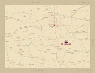  Colorado state road map with interstates, United States. Editable highly detailed transportation map with highways and state roads, rivers and cities realistic vector illustration