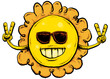 A cartoon of a smiling sun wearing sunglasses and making peace signs with its hands.