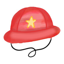 Watercolor Firegigher Element Decoration. Vector Illustration. Fire Department Equipment, Firefighter In Red Protective Uniform, Mask, Helmet. Fire Extinguisher, Fire-truck, Steel Ladder, Gas Mask, Wa