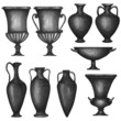 Ancient Greece Pottery set watercolor Antique Greek vases black jug. Old clay amphora, pot, urn, jar for wine, olive oil. Vintage ceramic icon isolated illustration