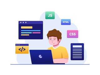 a children learning coding or computer programming flat illustration. coding for kids. basic compute