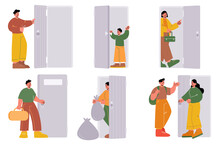 People Open And Close Doors, Men, Women And Kids Persons Enter Open Doorway. Isolated Male And Female Characters Leave Home, Lock With Key, Meet Guest, Throw Garbage, Linear Vector Illustration, Set