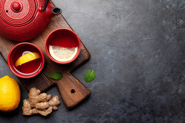 Poster - Tea with lemon and mint and teapot