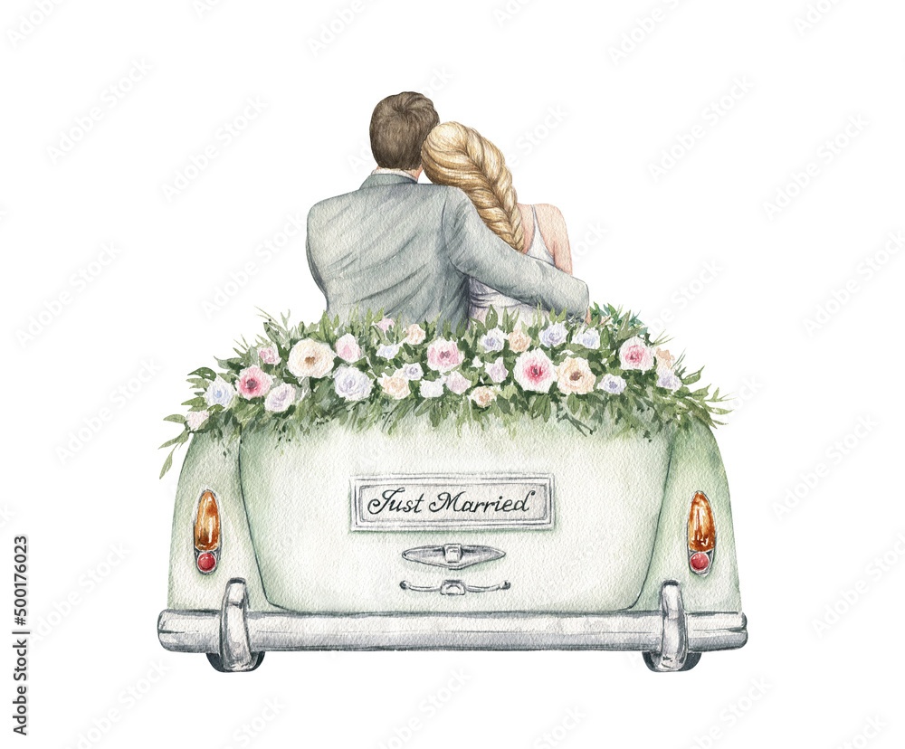 Just married couple in a vintage wedding car. Watercolor hand