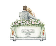 Just Married Couple In A Vintage Wedding Car. Watercolor Hand Painted Wedding Romantic Illustration On White Background. Groom And Bride. Romantic Graphics For Invitation, Save The Date, Cards