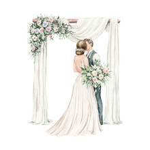 Just Married Couple And Wedding Arch. Elegant Groom, Bride With Bouquet. Watercolor Hand-painted Illustration Isolated On White Background. Love, Kiss. Romantic Graphics For Invitation, Save The Date