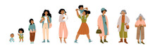 Woman Lifespan Cycle From Infant Age To Old. Female Character At Different Phases Of Life And Growth. Vector Flat Set Of Baby, Toddler Girl, Teenager, Young Person, Adult, Mother With Kid And Elderly