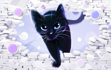 A Black Cat Climbs Out Of The Wall. Image For Printing Photo Wallpapers. 3D Composition The Cat Climbs Out Of The Wall.
