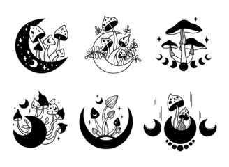 Wall Mural - mystical boho mushroom and moon isolated clip art bundle, magic hand drawn line celestial mushrooms,