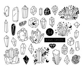 Wall Mural - crystal or gemstone isolated clip art bundle, diamonds black and white line collection, jewelry ston