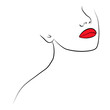 Beautiful young woman with red lips on a white background. The black line of a woman's face. A woman 's head . Red lipstick.