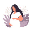 © Aigul - Happy pregnant woman with tummy on a background of leaves. Future mom of hugging belly with arms. Concept of pregnancy and motherhood. Flat vector illustration.