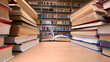 Books on desk in library, wind turning pages, bookshelves on background