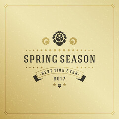 Wall Mural - Spring badge vector typographic design vintage greeting card. Golden textured background. Eps 10.