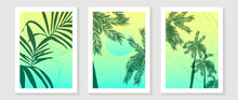 Abstract Tropical Summer Wall Art Template. Green Gradient Wallpaper Design With Palm Leaves, Botanical, Coconut Trees. Modern Style Painting For Wall Decoration, Interior, Background, Cover, Banner.