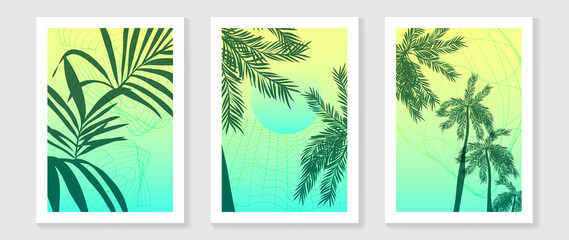 Abstract tropical summer wall art template. Green gradient wallpaper design with palm leaves, botanical, coconut trees. Modern style painting for wall decoration, interior, background, cover, banner.