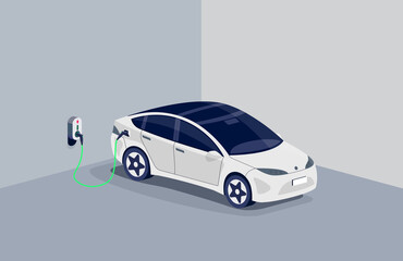 Wall Mural - Electric car charging in underground garage plugged to home charger station. Battery EV vehicle standing parking lot connected to wall box. Vector illustration being charged with power supply socket. 