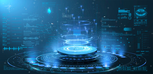 Leinwandbilder - Futuristic lab with 3D circle and HUD elements interface. Blank Hologram for show your product. User interface HUD and Infographic elements, virtual graphic, simulation, graph, icon. Vector