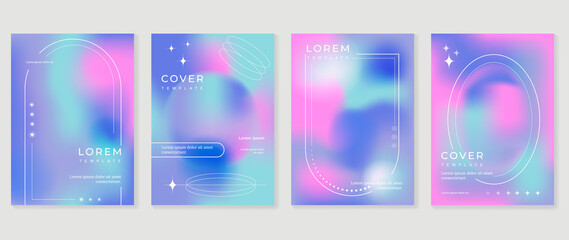 Abstract colorful gradient cover template. Set of poster design with hologram color, dynamic graphic, circle shape, dot pattern. Collection modern banners for flyer, business, ads, decoration, card.