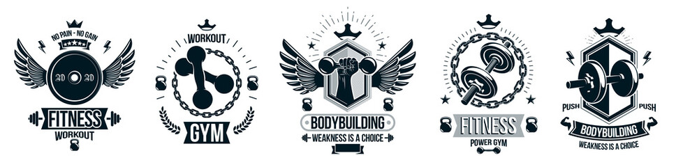 Wall Mural - Gym fitness sport emblems and logos vector set isolated with barbells dumbbells kettlebells and muscle body man silhouettes and hands, athletics workout sport club, active lifestyle.