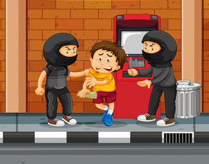 Wall Mural - ATM scene with a boy threatened from two robbers