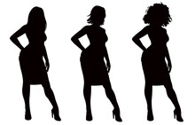 Silhouette Of Young Beautiful Standing Woman In Three Different Hairstyles And High Heel Shoes. Set Of Three Silhouettes Of Sexy Woman.