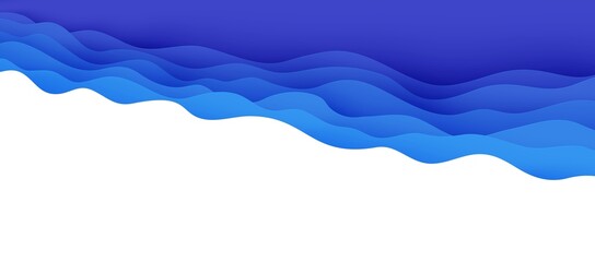 Wall Mural - Abstract background with water waves in paper cut style. 3d wallpaper with cut out deep wavy modern cover. Blue color layers with smooth shadow papercut art. Vector illustration, origami shapes