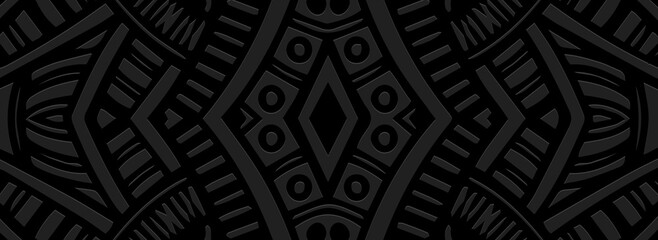 Banner, cover design. Dynamic geometric ethnic large 3d pattern on a black background, embossed decorative texture. Vector graphics for business background, magazine layout, brochure, booklet, flyer.