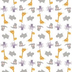 Wall Mural - Pattern of cute hand-drawn animals. Giraffe, hippopotamus, octopus. Cartoon characters on a pattern for textile, fabric, wallpaper.