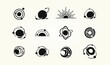 Set of Space icons, Logos. Galaxy signs with Orbitz planets in round icon and radial rays of sunburst for logo IT, ecology, concept design from space exploration, astrology. Vector illustration
