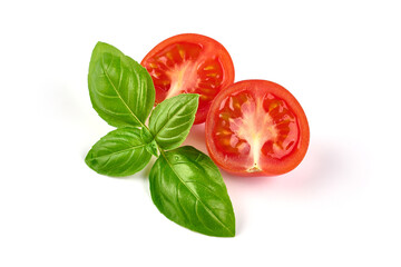 Basil herb with tomatoes, isolated on white background.