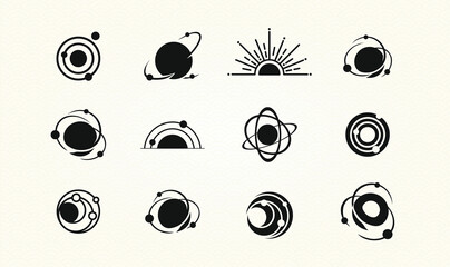 set of space icons, logos. galaxy signs with orbitz planets in round icon and radial rays of sunburs