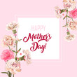 Square Mother's Day card with carnation: white, pink flowers, twigs gypsophile, gentle, light, rectangle background. Templates for design, vintage botanical illustration in watercolor style, vector
