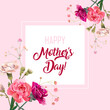 Square Mother's Day, Victory Day card with carnation: red, white, pink flowers, twigs, bright, rectangular background. Templates for design, vintage botanical illustration in watercolor style, vector