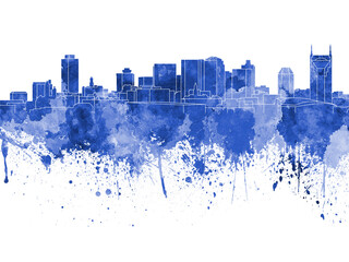 Wall Mural - Nashville skyline in blue watercolor on white background