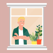 The Guy Looks Out The Window. Indoor Plant. Vector Flat