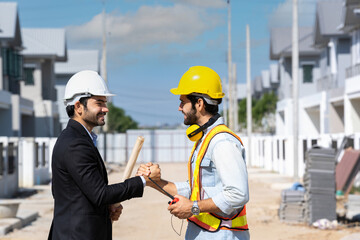 Aufkleber - Engineer man handshake with businessman after finishing up meeting in construction site,Hand shake concept.