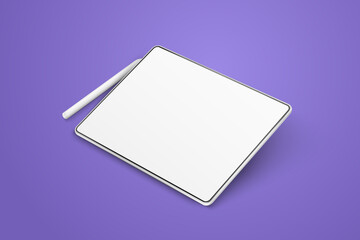 Empty tablet and pen on a violet background. Device in perspective view. Tablet mockup from different angles. Illustration of device 3d screen