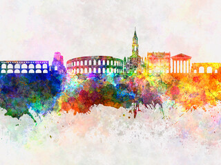 Nimes skyline in watercolor background