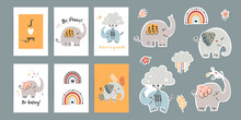 Set Of Posters With Motivational Phrases, Stickers With Elephants