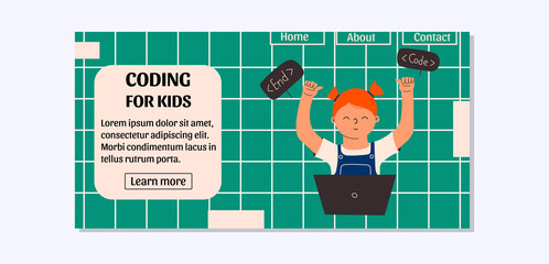 Landing page template with a child learning to code. Vector illustration, website, homepage