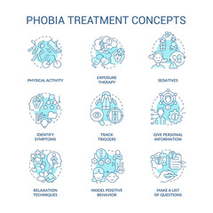 Phobia treatment turquoise concept icons set. Therapy techniques. Anxiety disorder idea thin line color illustrations. Isolated symbols. Editable stroke. Roboto-Medium, Myriad Pro-Bold fonts used