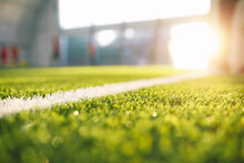 Soccer Pitch Background. Football Field Sideline At Sunny Day. Summer Day At Sports Field. Sunlight In The Background