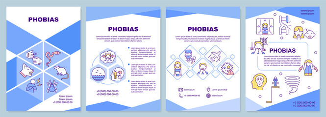 Phobias brochure template. Anxiety disorder. Fear and panic. Leaflet design with linear icons. 4 vector layouts for presentation, annual reports. Arial-Black, Myriad Pro-Regular fonts used