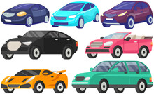 Set Of Automobiles Of Different Shapes And Colors. Sports Car, Convertible, Suv, Hatchback Icons. Vehicle, Means Of Transportation In City And Nature. Types Of Passenger Cars Vector Illustration